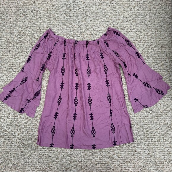 Lascana Tops - Lascana Blouse 3/4‎ Sleeve ruffle 100% Viscose Size 4 Purple Boho Off Shoulder